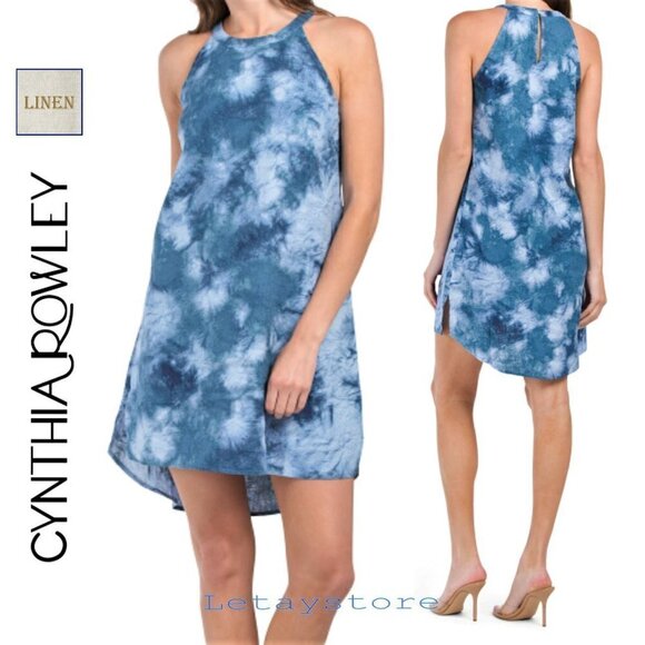 NWT Cynthia Rowley Linen Tie Dye Print Hi-loW hem Halter Mini Dress - Picture 1 of 6